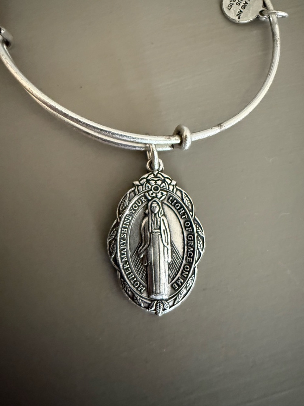 Alex and Ani Silver Mother Mary Adjustable Charm Bangle Bracelet EUC